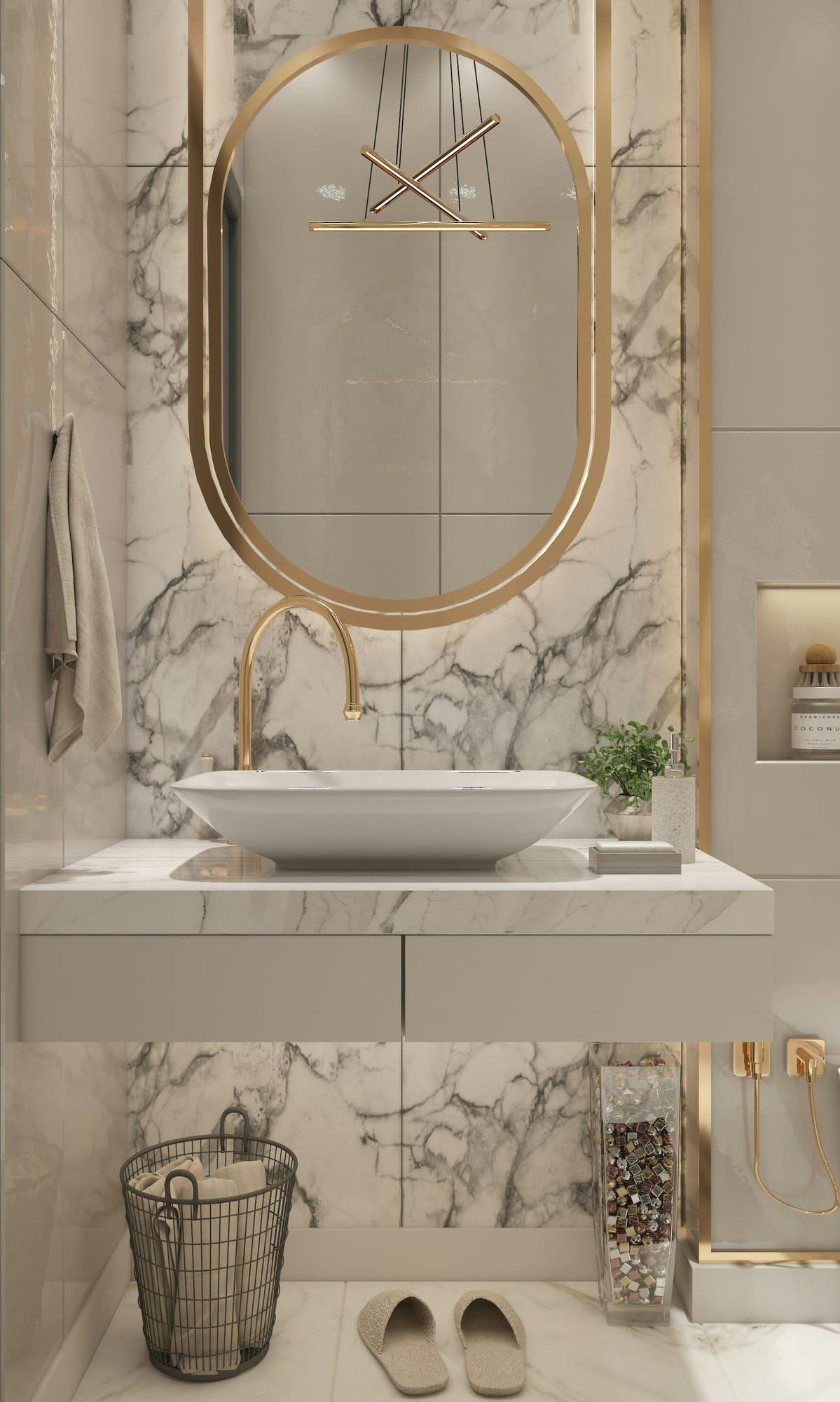 Bathroom vanity with marble walls and vessel sink