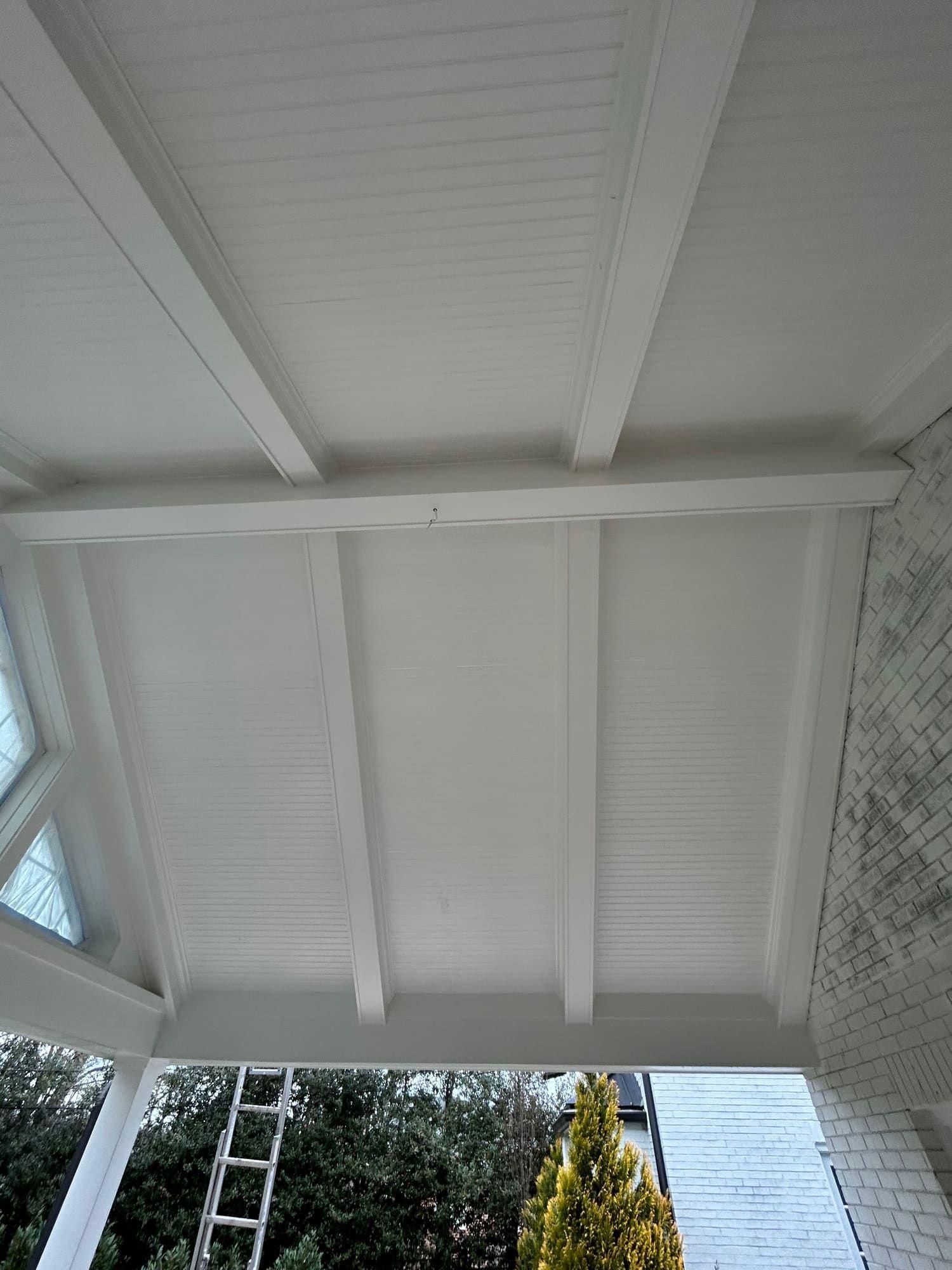 Freshly painted white beadboard porch ceiling detail