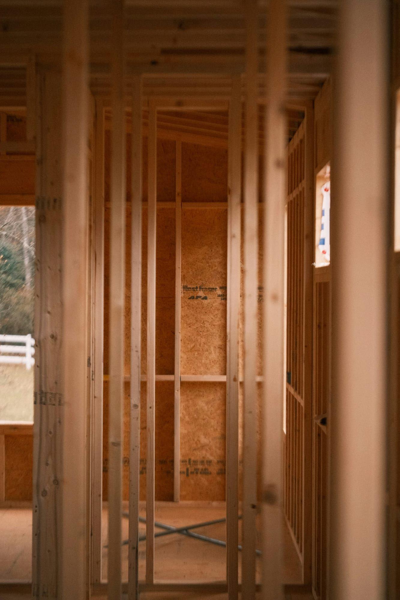 Close-up of framed wall studs and sheathing