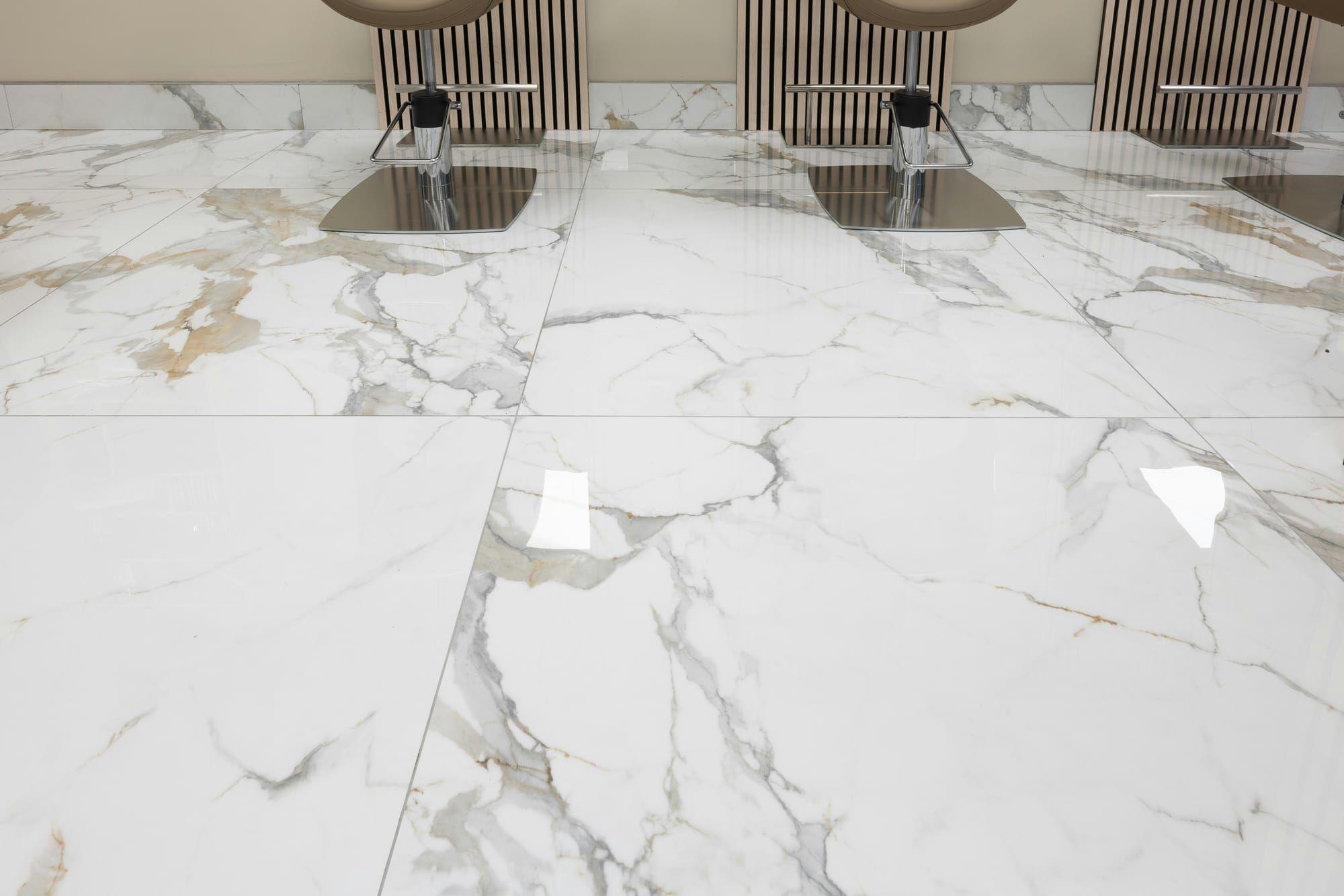 Large-format glossy marble-look tile flooring